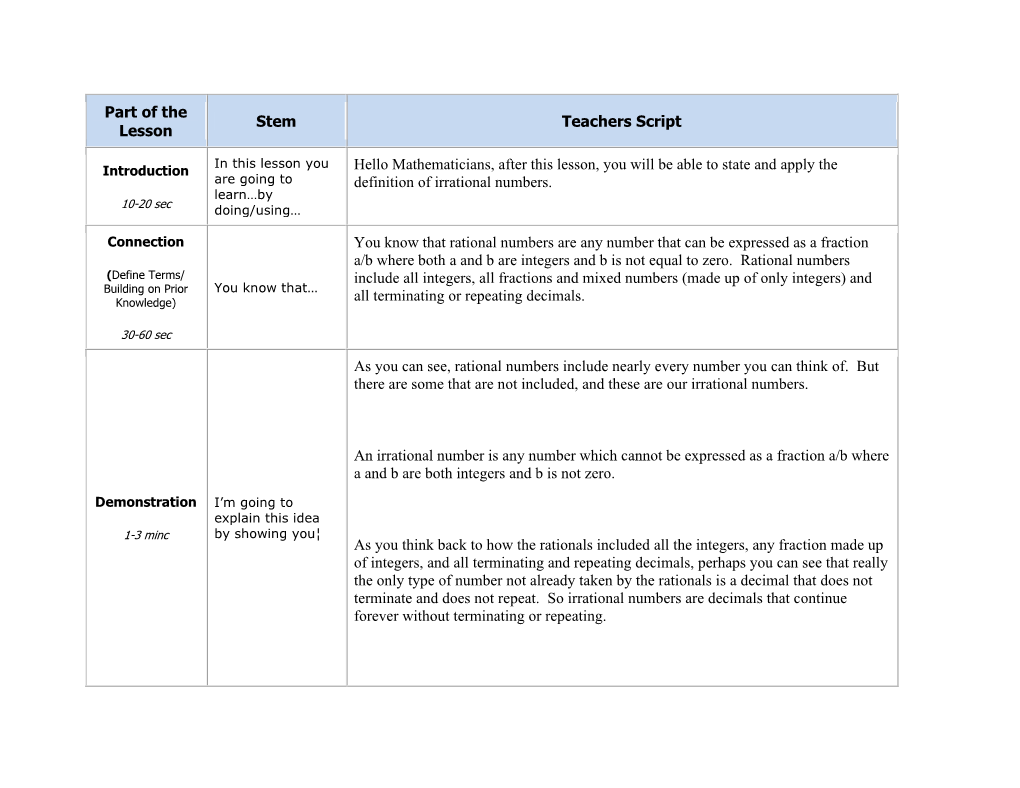 Part of the Lesson Stem Teachers Script Hello Mathematicians, After