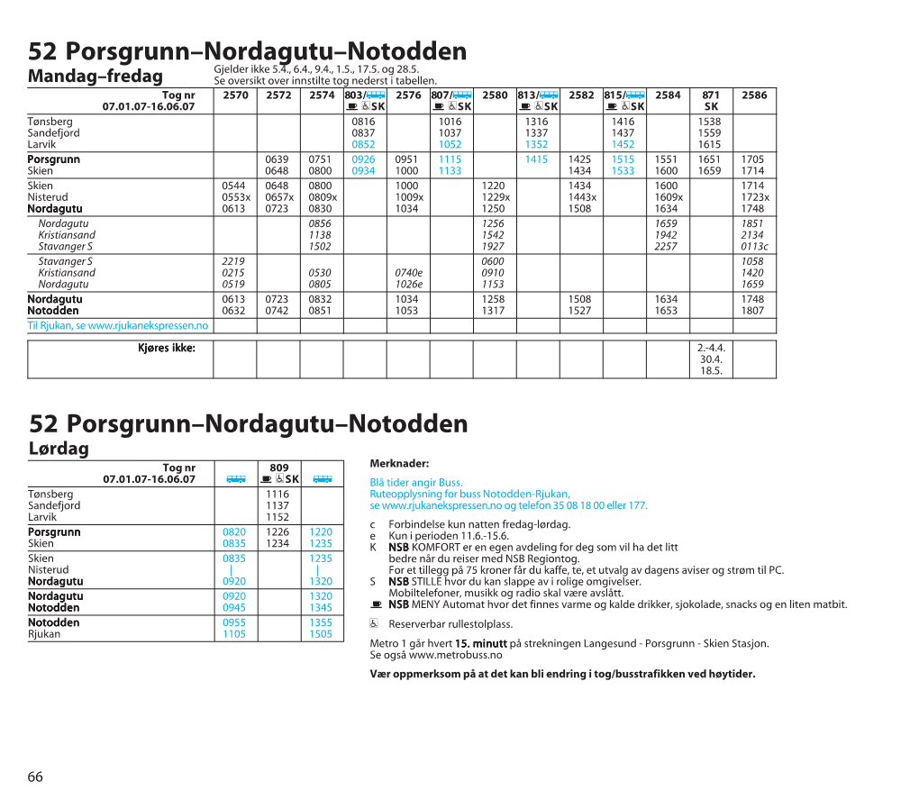 52 Porsgrunn–Nordagutu–Notodden Gjelder Ikke 5.4., 6.4., 9.4., 1.5., 17.5