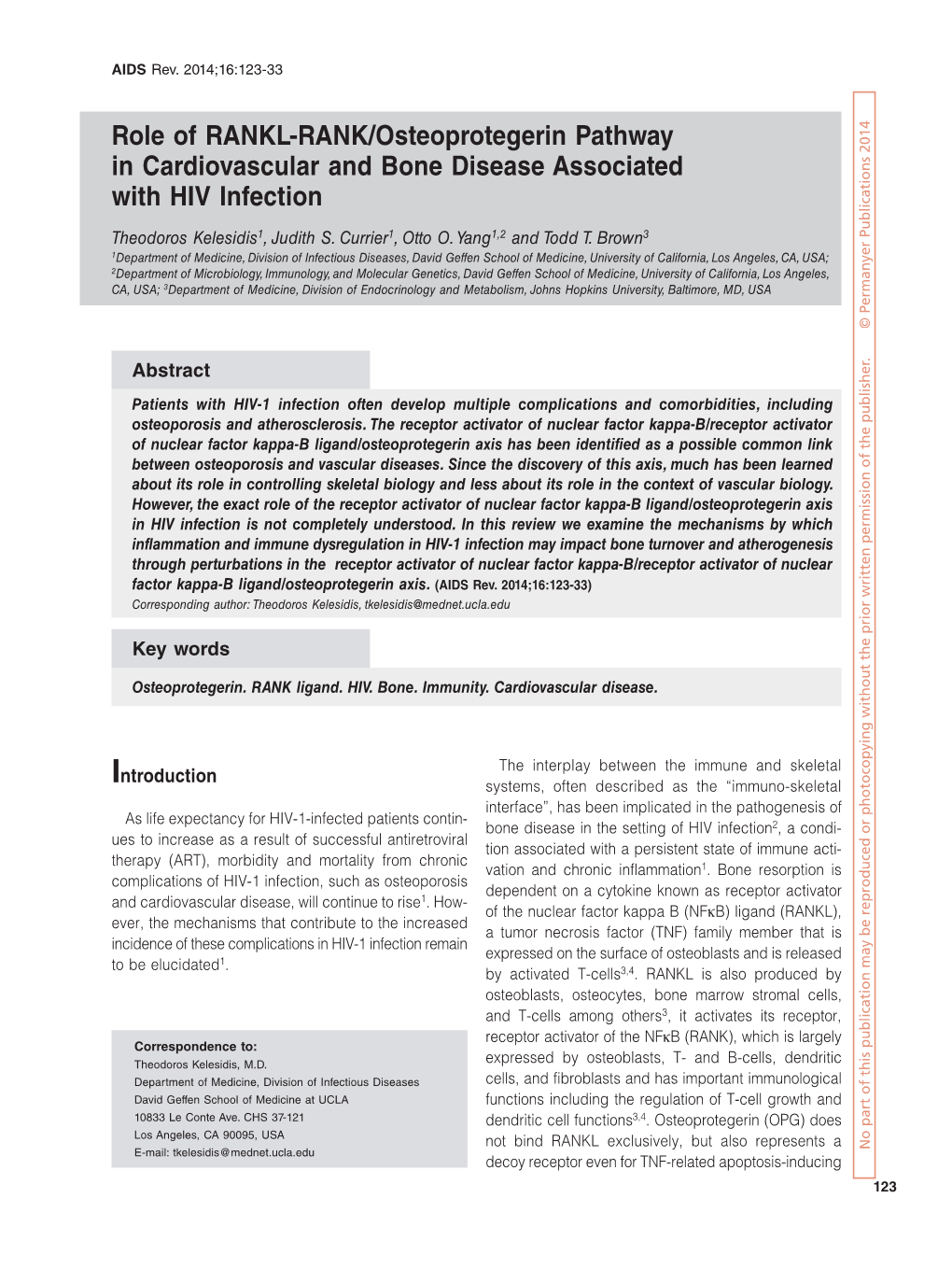 Role of RANKL-RANK/Osteoprotegerin Pathway in Cardiovascular and Bone Disease Associated with HIV Infection