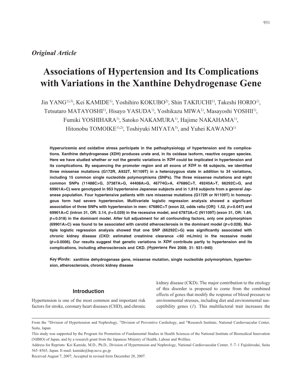 Associations of Hypertension and Its Complications with Variations in the Xanthine Dehydrogenase Gene