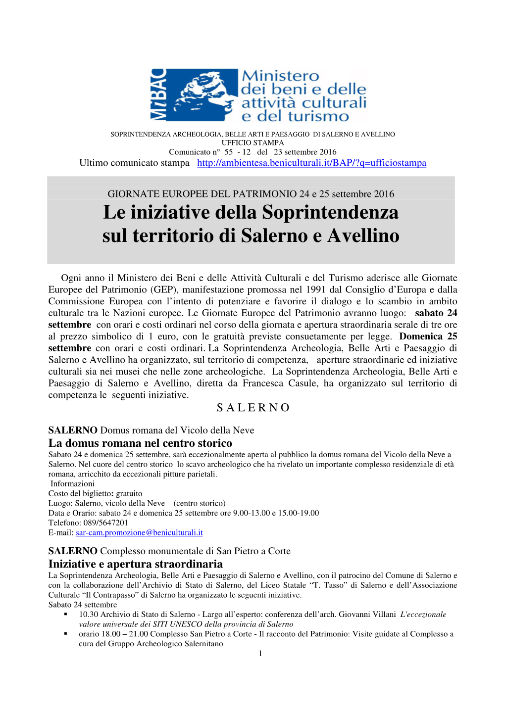 Le Iniziative Della Soprintendenza Sul Territorio Di Salerno E Avellino