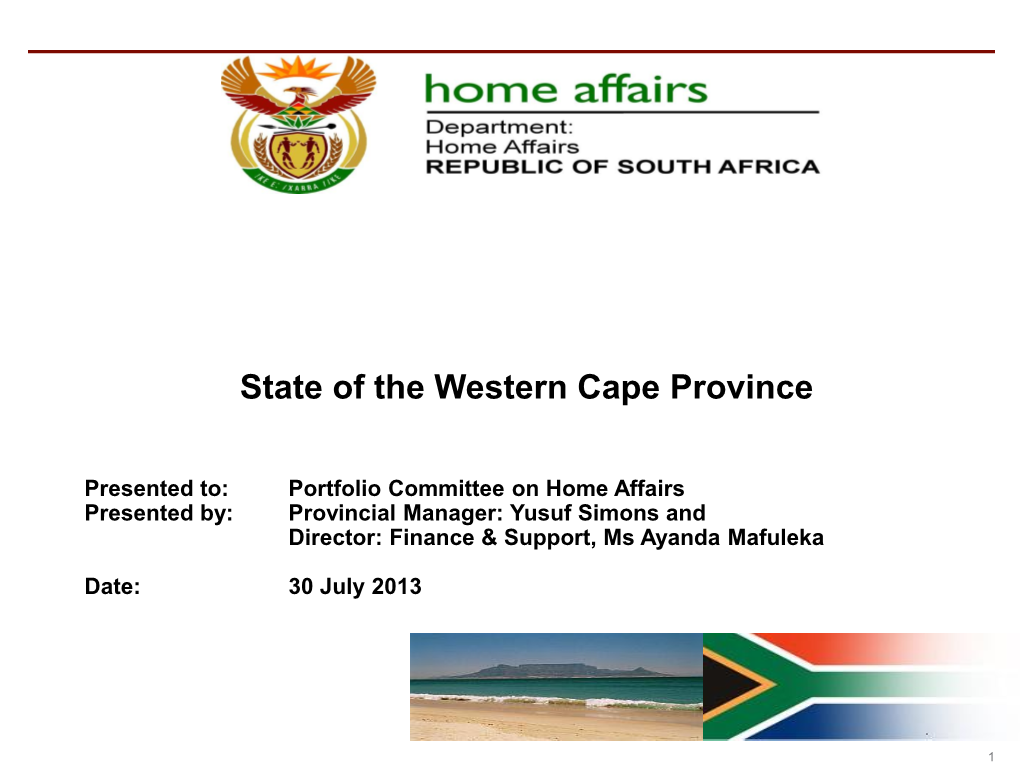 State of the Province: Presentation by the Western Cape