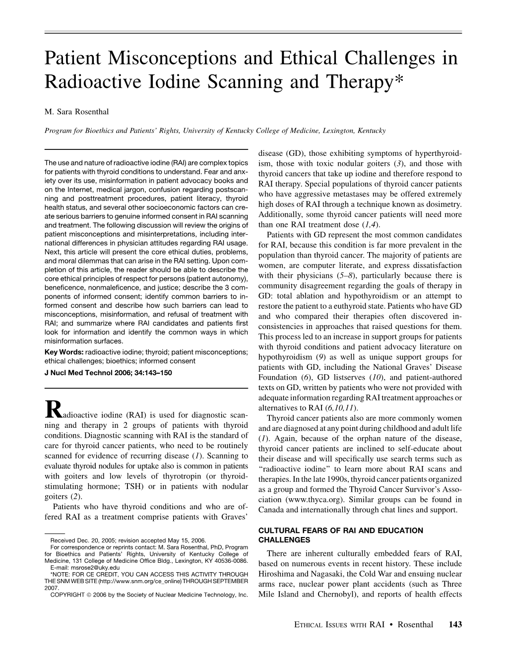 Patient Misconceptions and Ethical Challenges in Radioactive Iodine Scanning and Therapy*