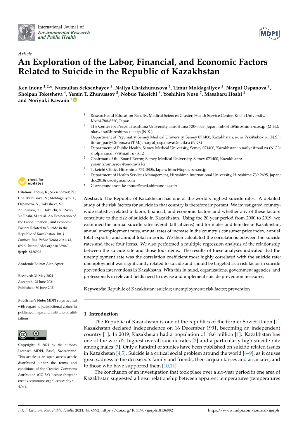 An Exploration of the Labor, Financial, and Economic Factors Related to Suicide in the Republic of Kazakhstan