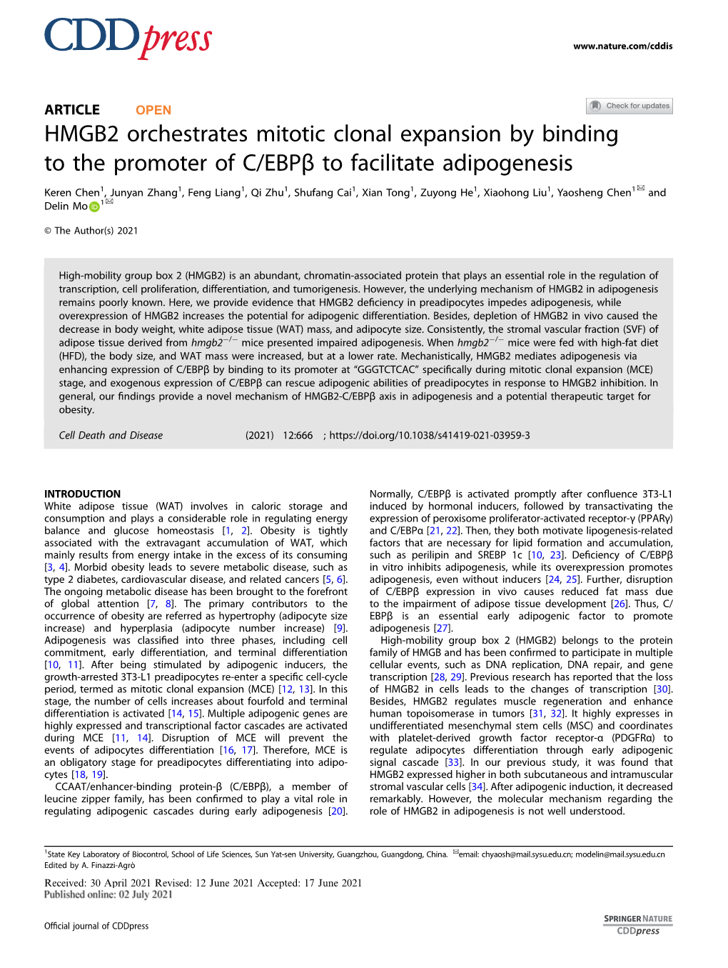 HMGB2 Orchestrates Mitotic Clonal Expansion by Binding to the Promoter of C/Ebpβ to Facilitate Adipogenesis