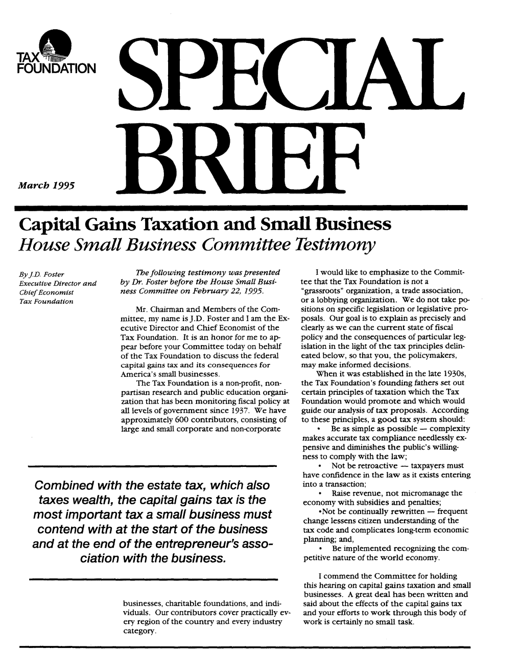 Capital Gains Taxation and Small Business House Small Business Committee Testimony