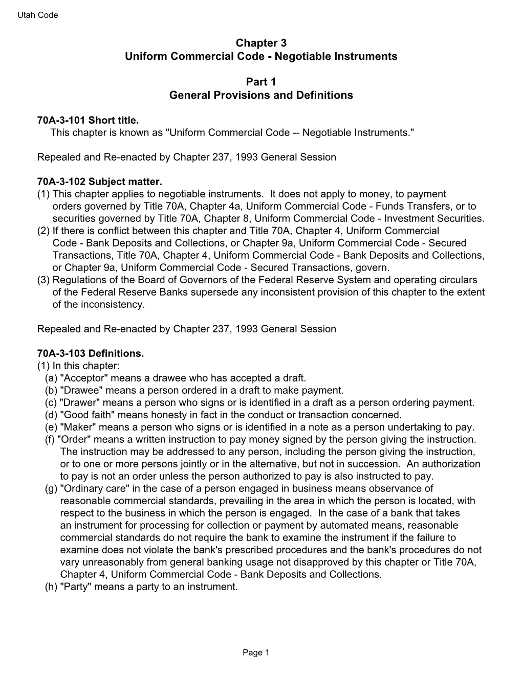 Chapter 3 Uniform Commercial Code - Negotiable Instruments