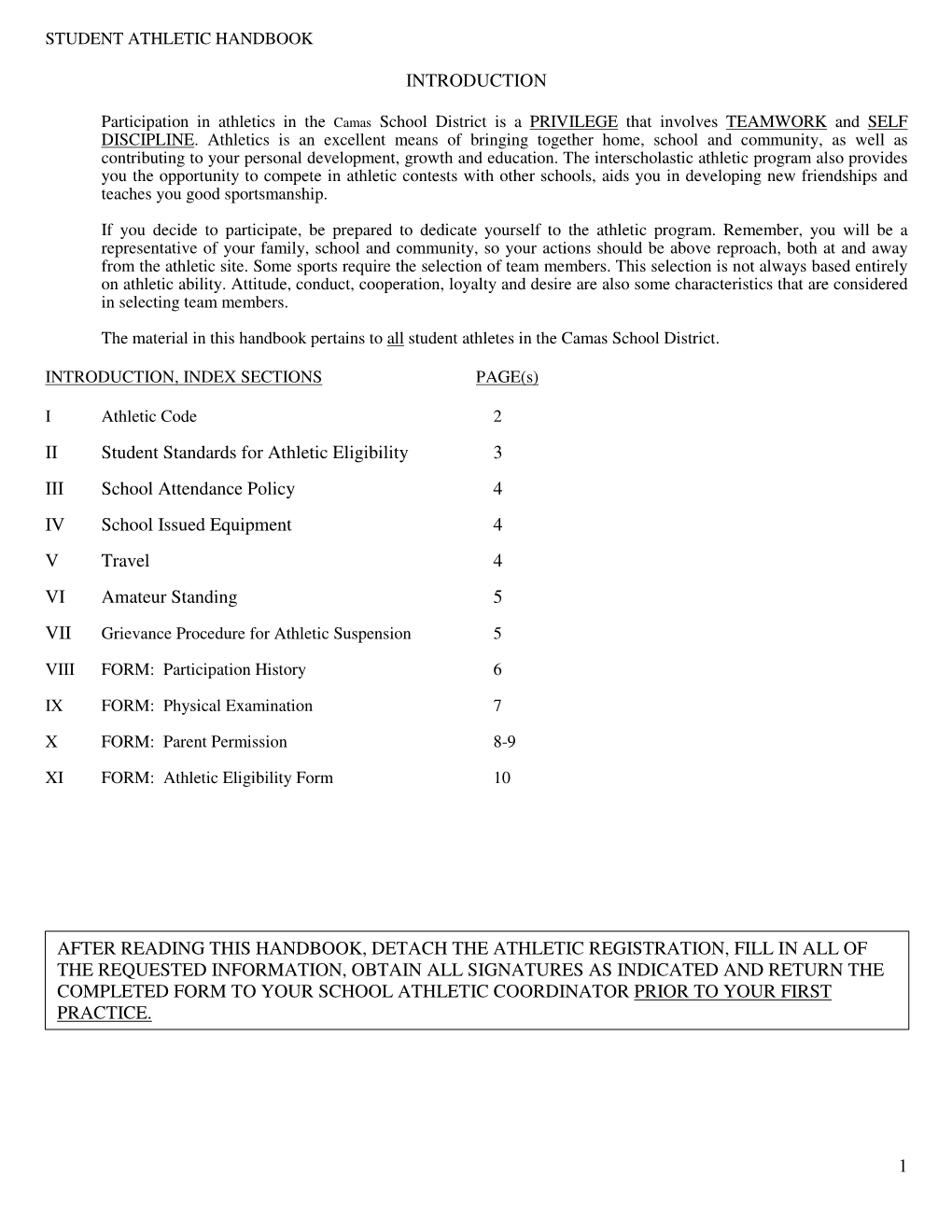 1 INTRODUCTION II Student Standards for Athletic Eligibility 3 III