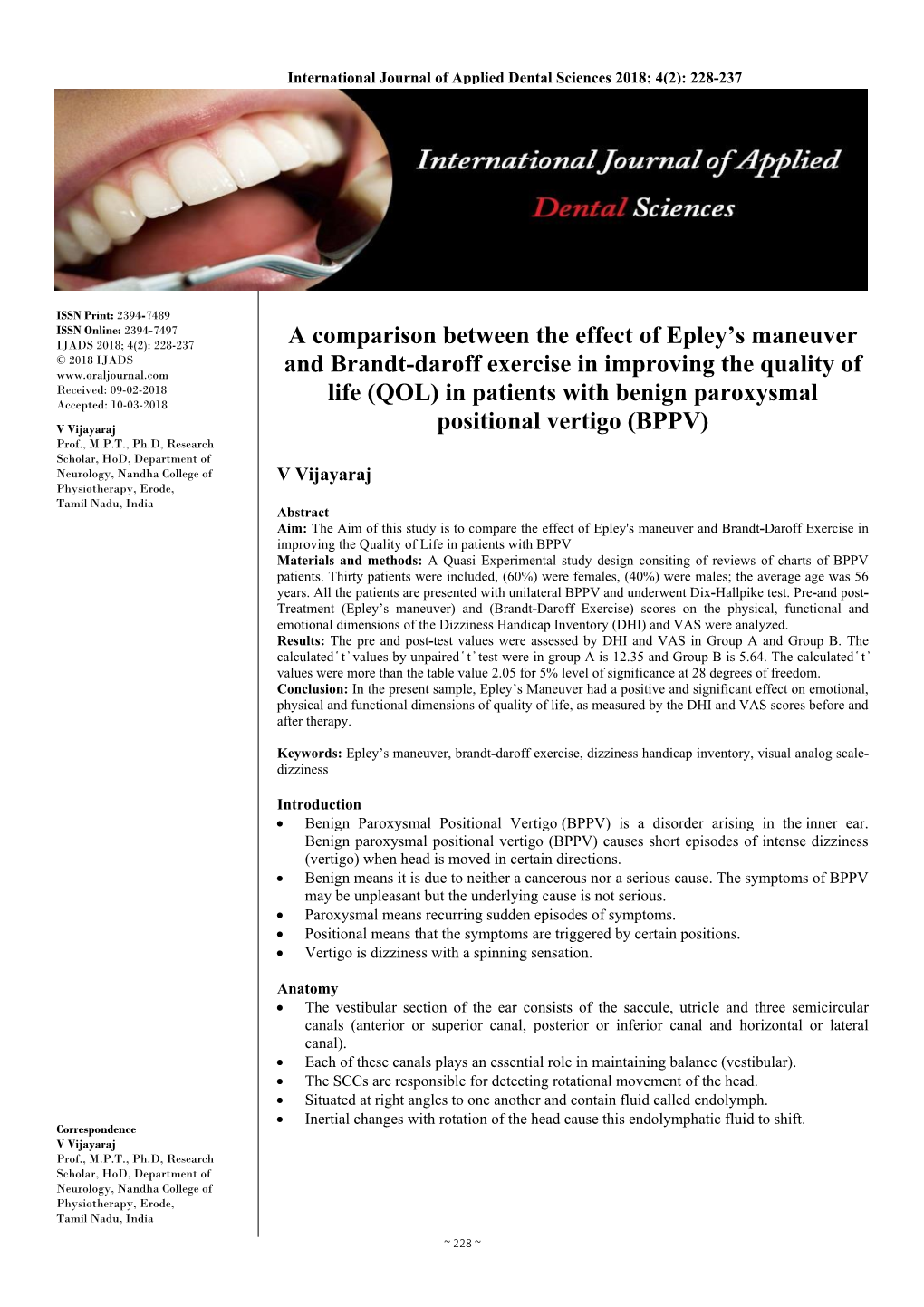 A Comparison Between the Effect of Epley's Maneuver and Brandt-Daroff