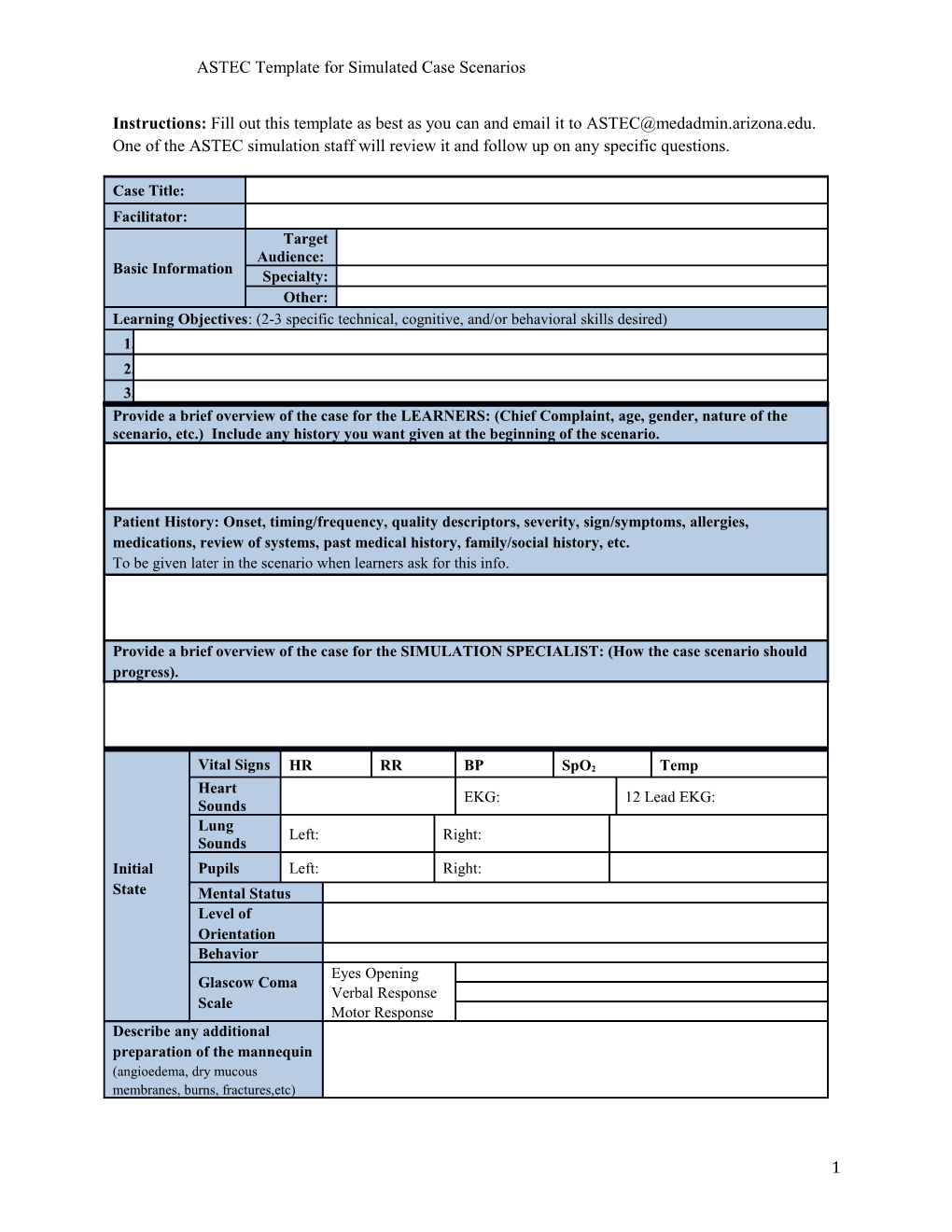 ASTEC Template for Simulated Case Scenarios