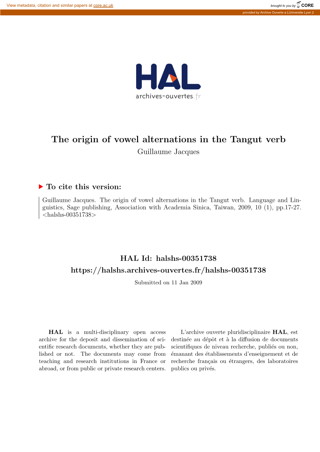 The Origin of Vowel Alternations in the Tangut Verb Guillaume Jacques