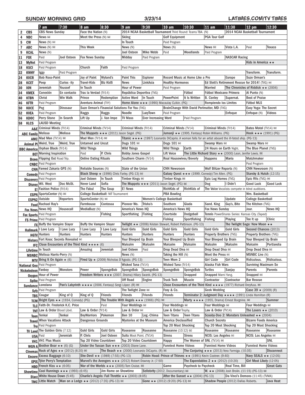 Sunday Morning Grid 3/23/14 Latimes.Com/Tv Times