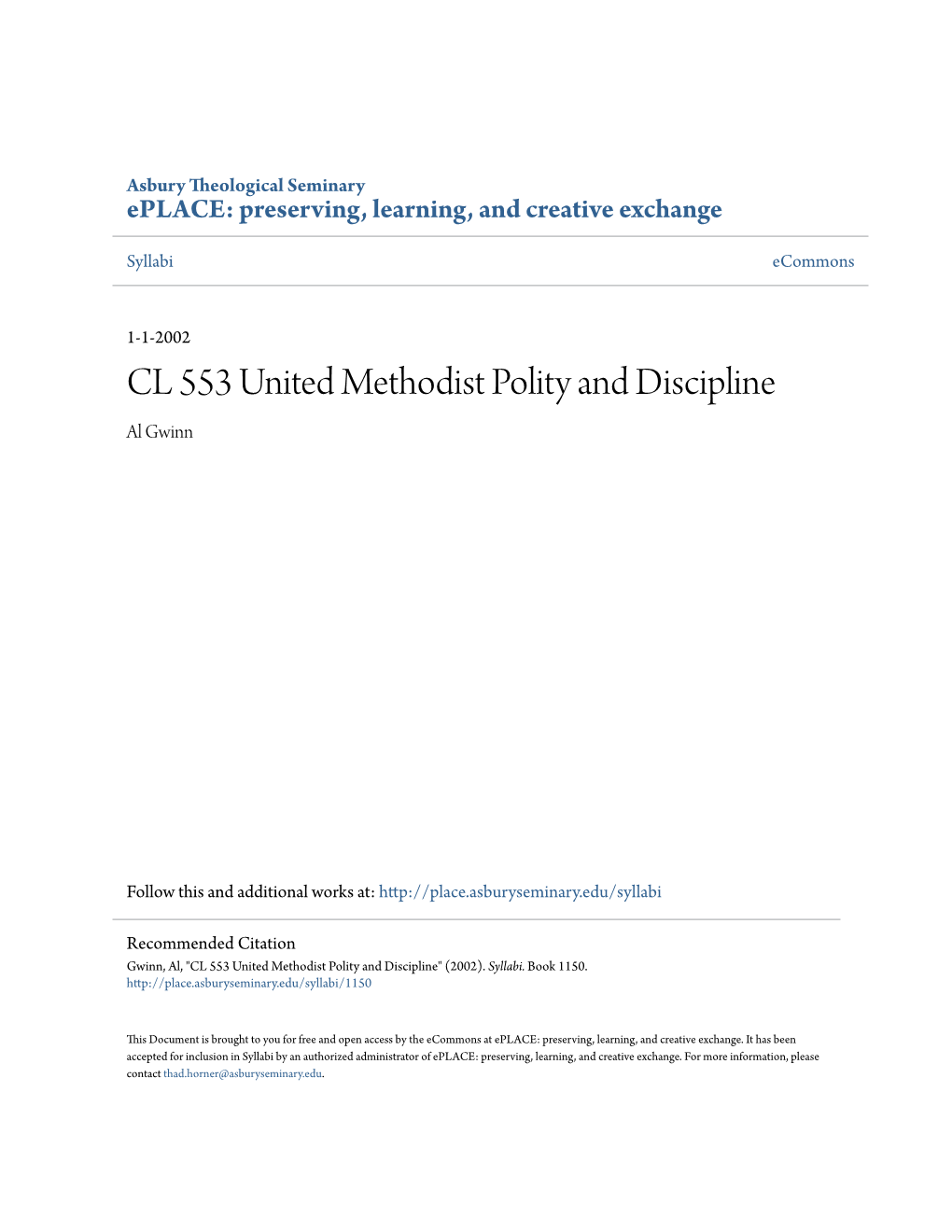 CL 553 United Methodist Polity and Discipline Al Gwinn