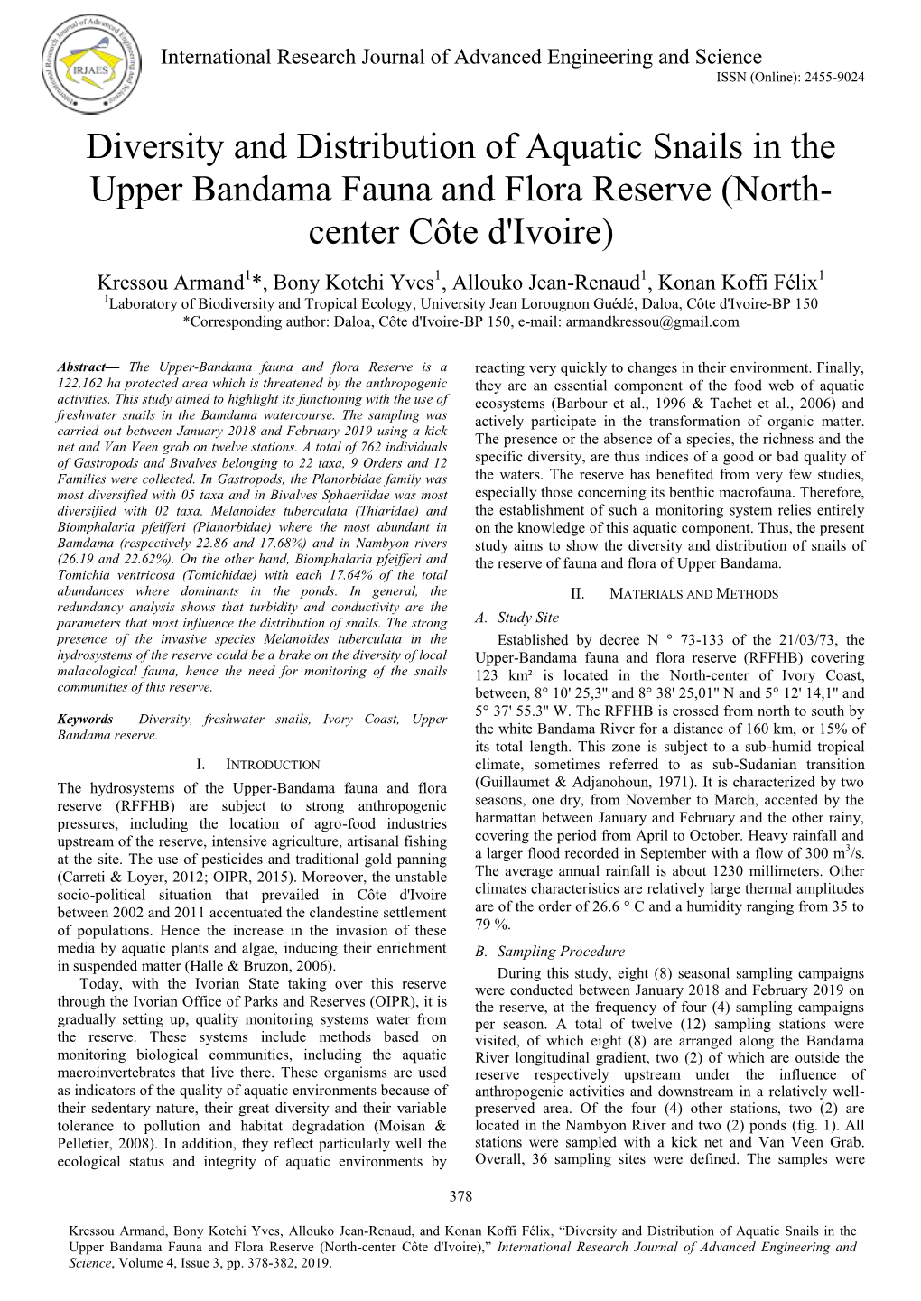 Diversity and Distribution of Aquatic Snails in the Upper Bandama Fauna and Flora Reserve (North- Center Côte D'ivoire)