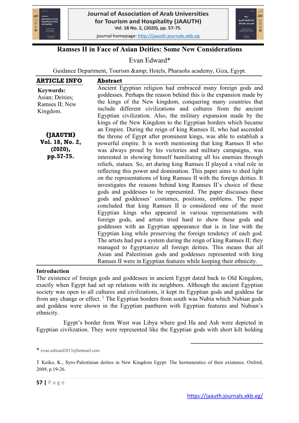 Ramses II in Face of Asian Deities: Some New Considerations Evan Edward* Guidance Department, Tourism & Hotels, Pharaohs Academy, Giza, Egypt