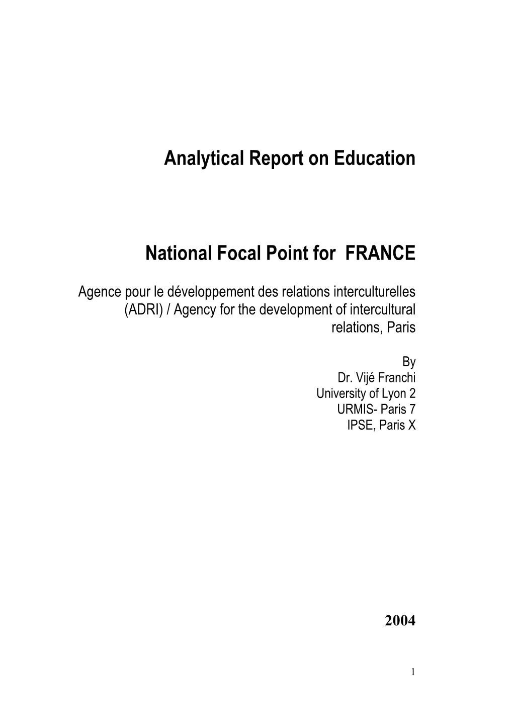 Analytical Report on Education National Focal Point for FRANCE