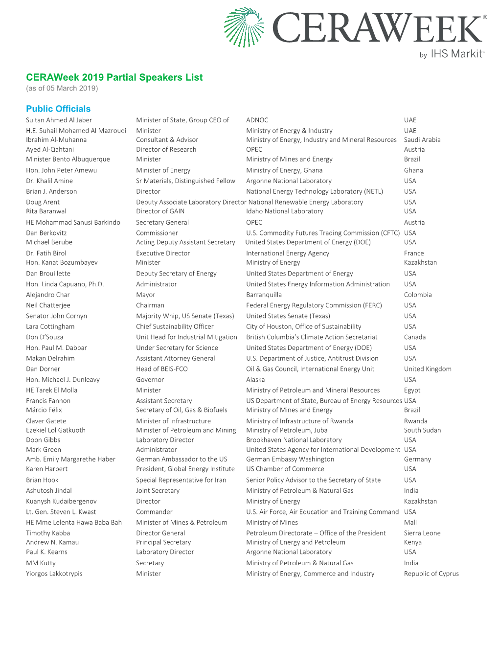 Ceraweek 2019 Partial Speakers List (As of 05 March 2019)