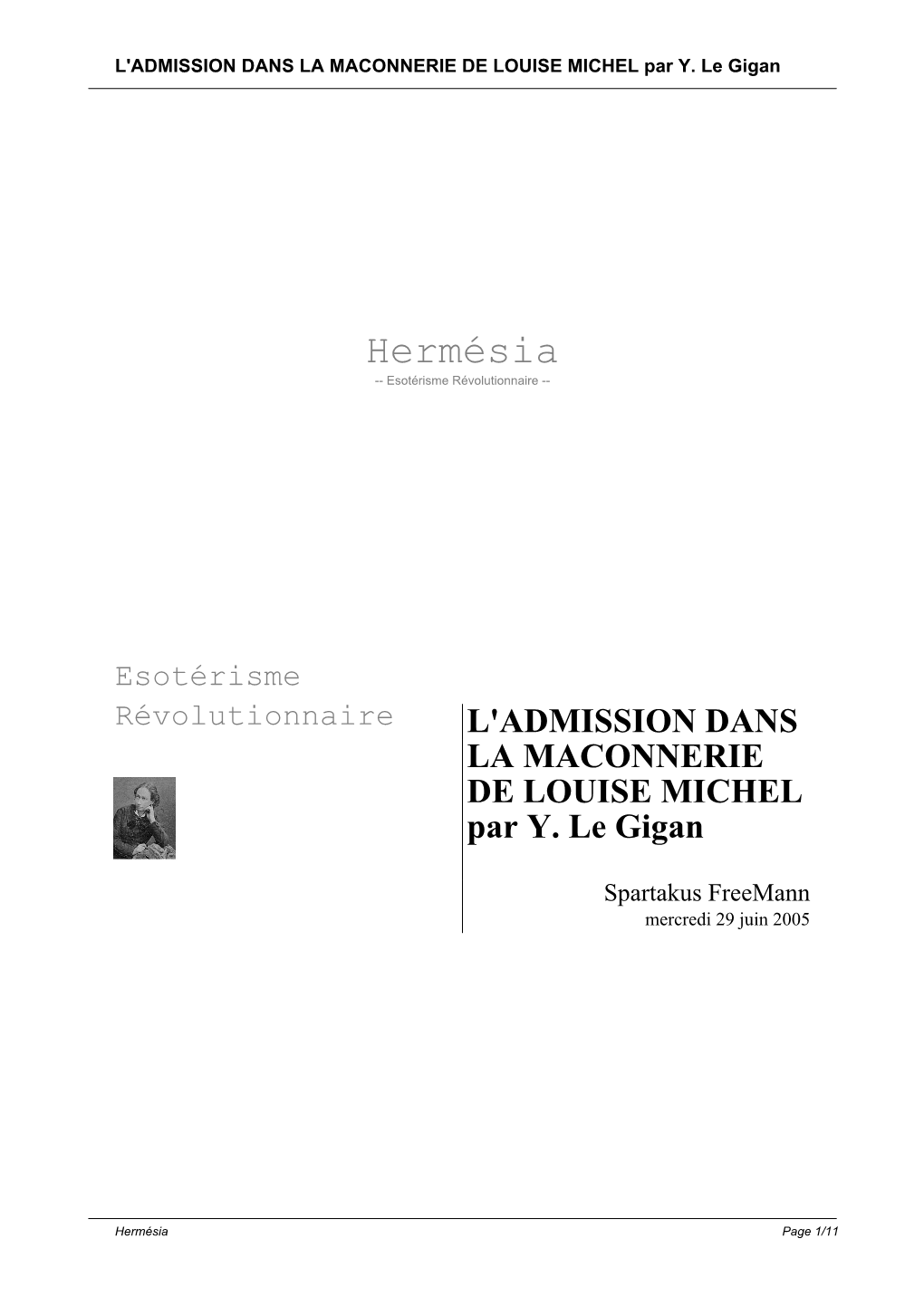 L'admission DANS LA MACONNERIE DE LOUISE MICHEL Par Y