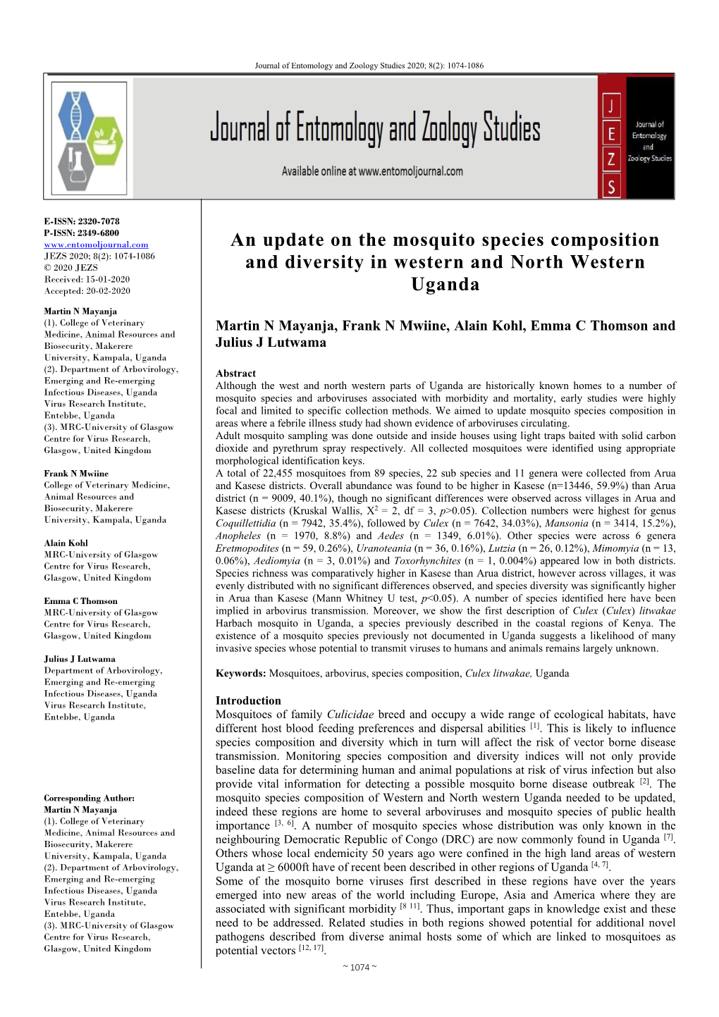 An Update on the Mosquito Species Composition and Diversity In
