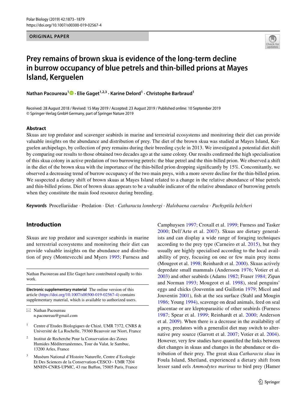 Prey Remains of Brown Skua Is Evidence of the Long-Term Decline in Burrow Occupancy of Blue Petrels and Thin-Billed Prions at Ma