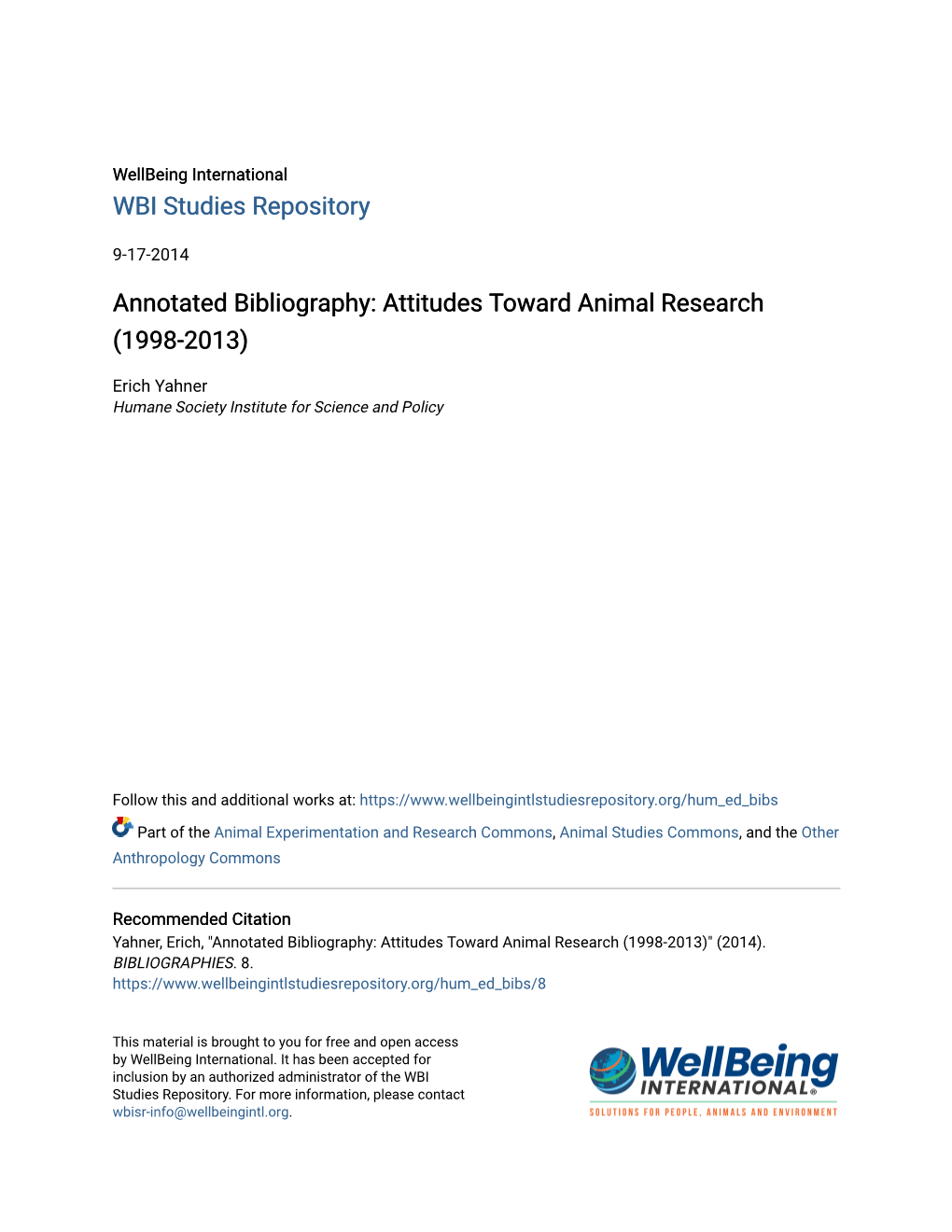 Annotated Bibliography: Attitudes Toward Animal Research (1998-2013)