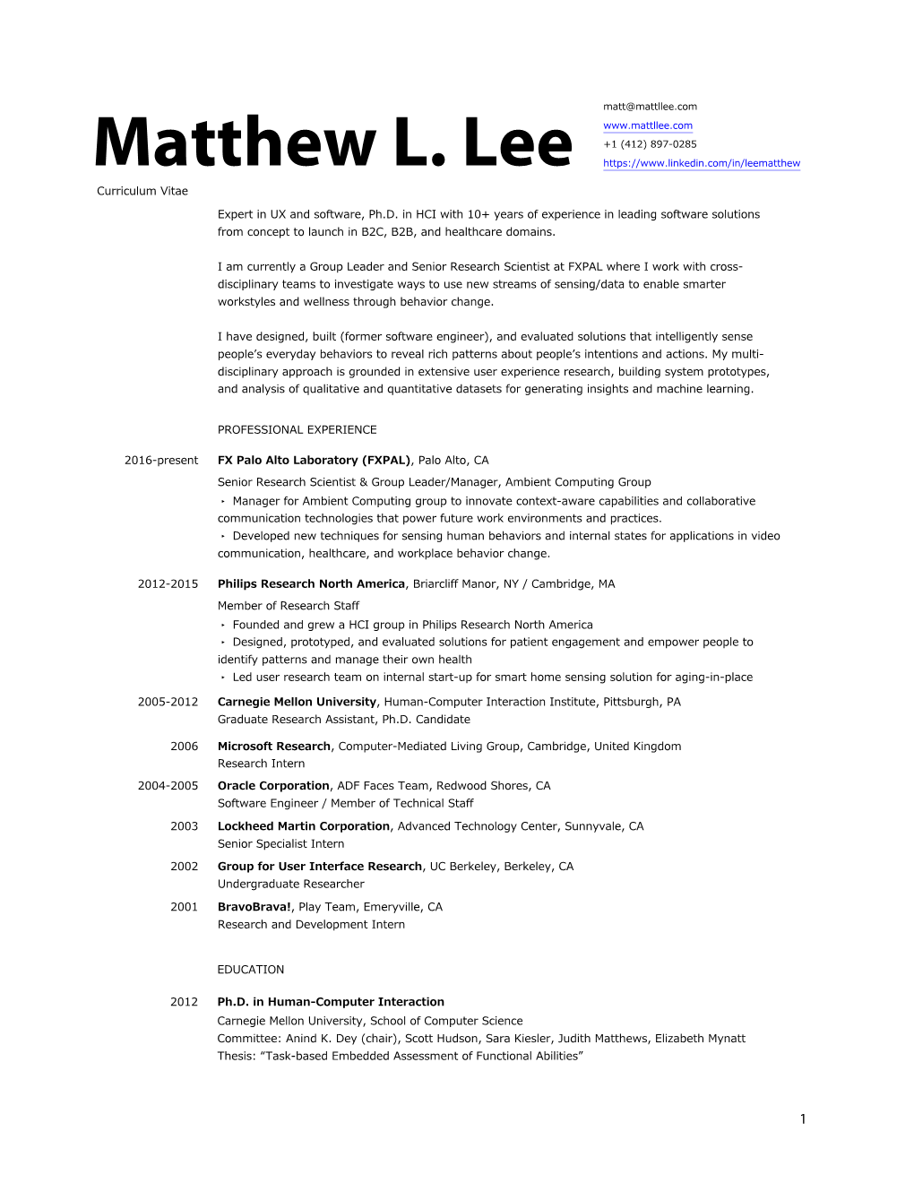 Matthew L. Lee Curriculum Vitae