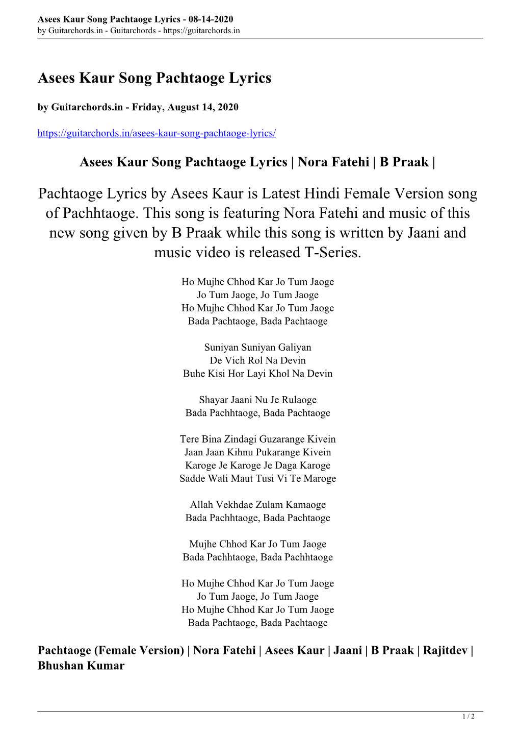 Asees Kaur Song Pachtaoge Lyrics - 08-14-2020 by Guitarchords.In - Guitarchords