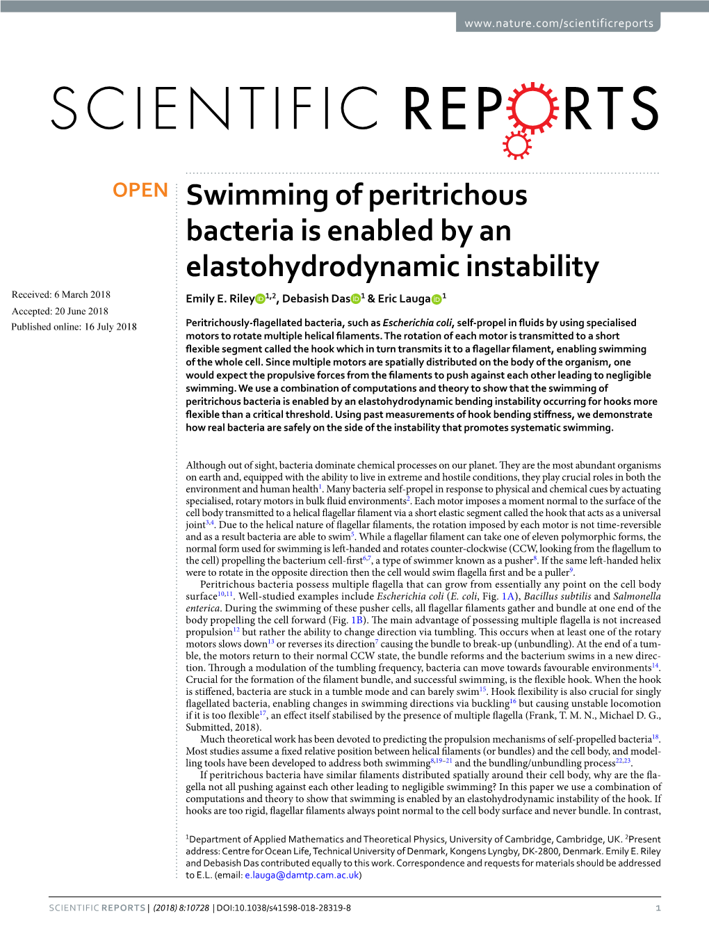 Swimming of Peritrichous Bacteria Is Enabled by an Elastohydrodynamic Instability Received: 6 March 2018 Emily E