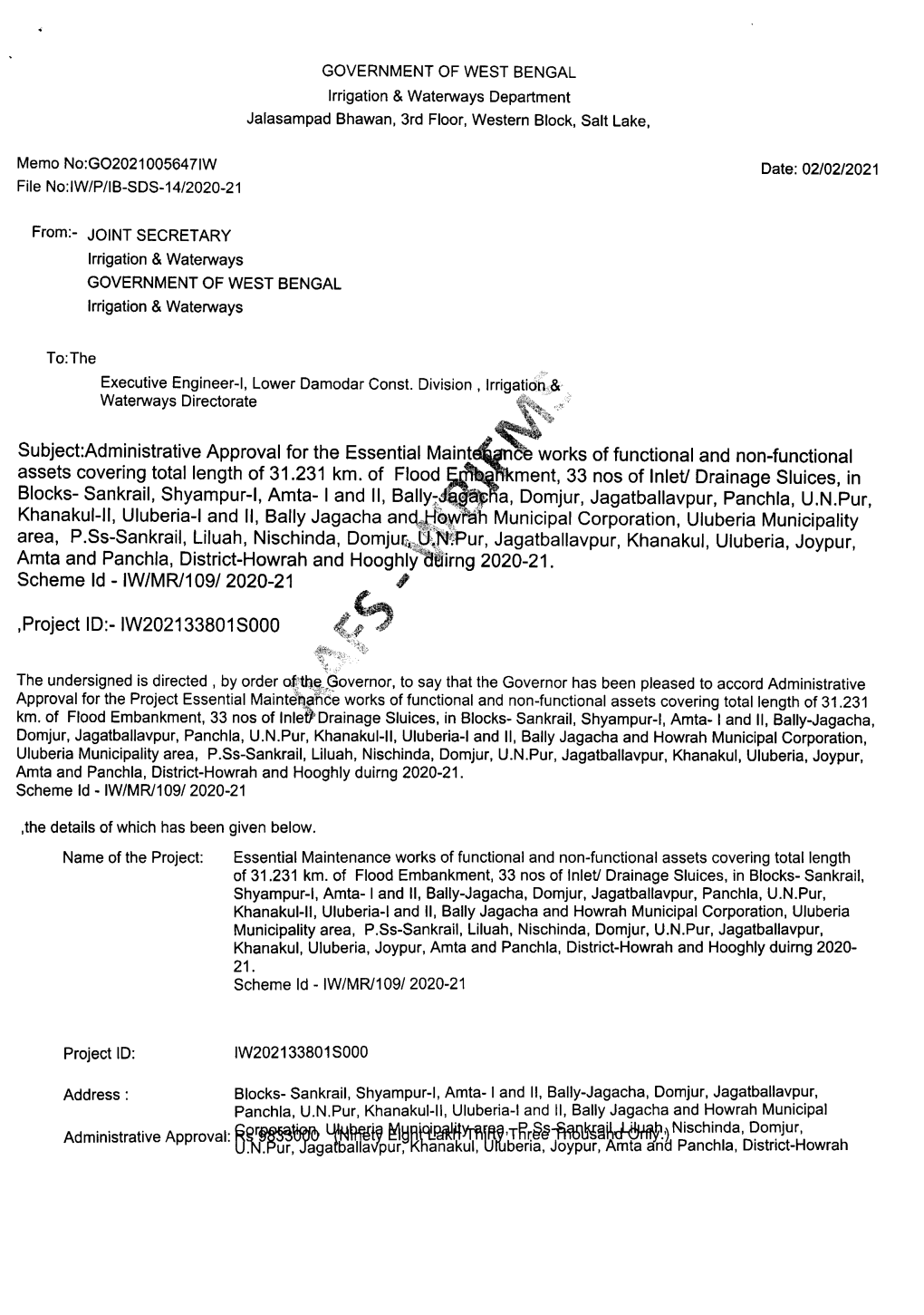 Subjectadministrative Approval for the Essential Maint Works of Functional and Non-Functional Assets Covering Total Length of 31.231 Km