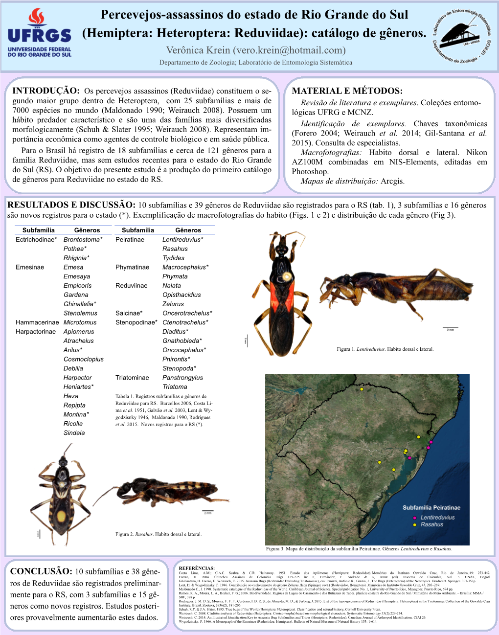 (Hemiptera: Heteroptera: Reduviidae): Catálogo De Gêneros. Verônica Krein (Vero.Krein@Hotmail.Com) Departamento De Zoologia; Laboratório De Entomologia Sistemática