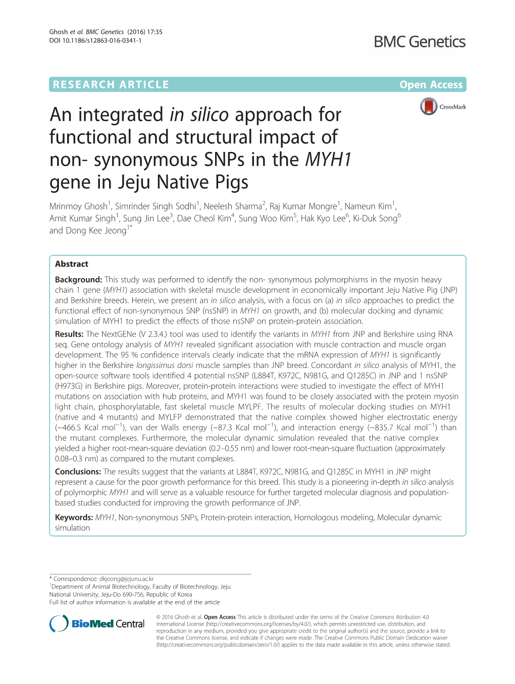 Synonymous Snps in the MYH1 Gene in Jeju Native Pi