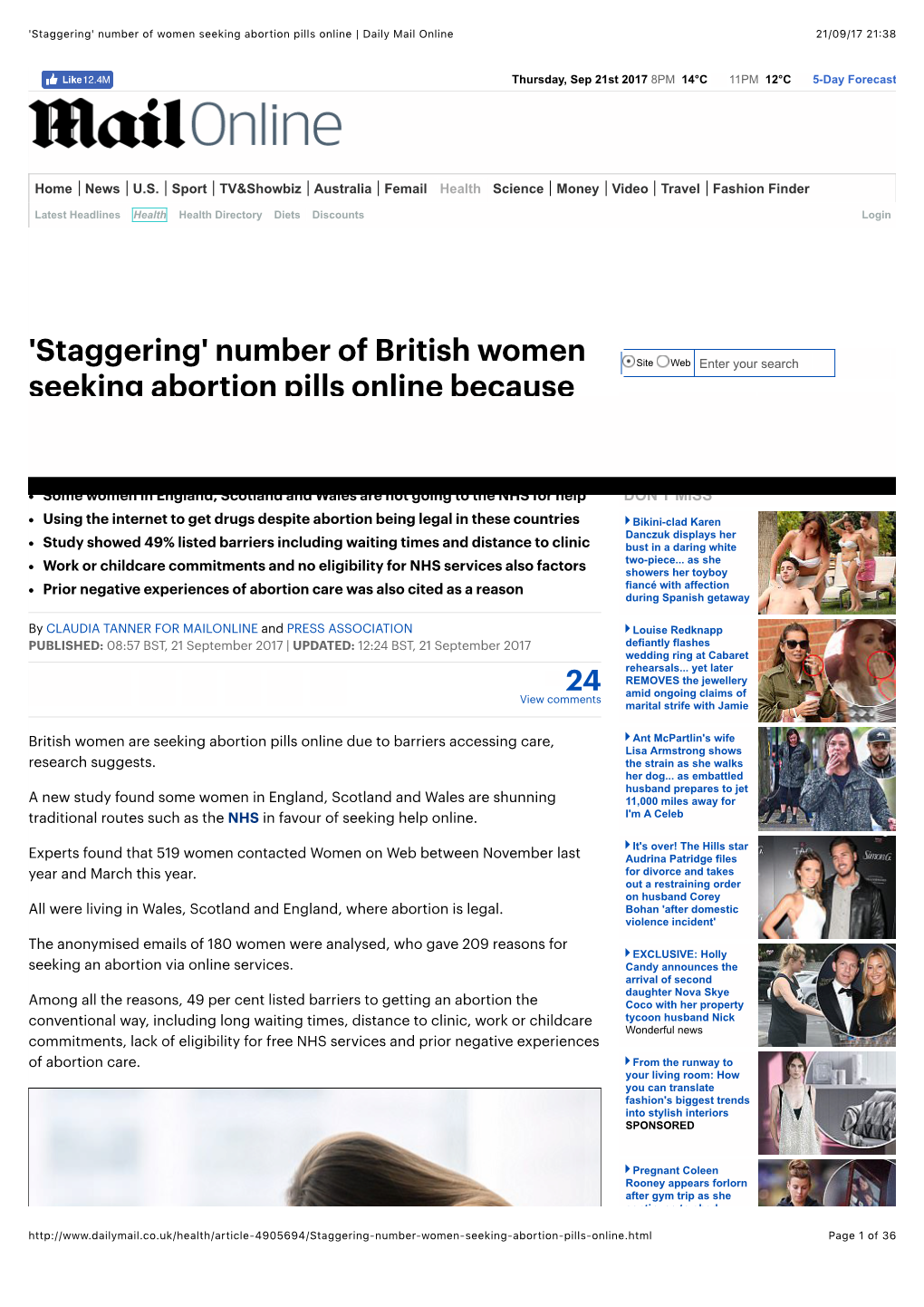 'Staggering' Number of Women Seeking Abortion Pills Online | Daily Mail Online 21/09/17 21�38