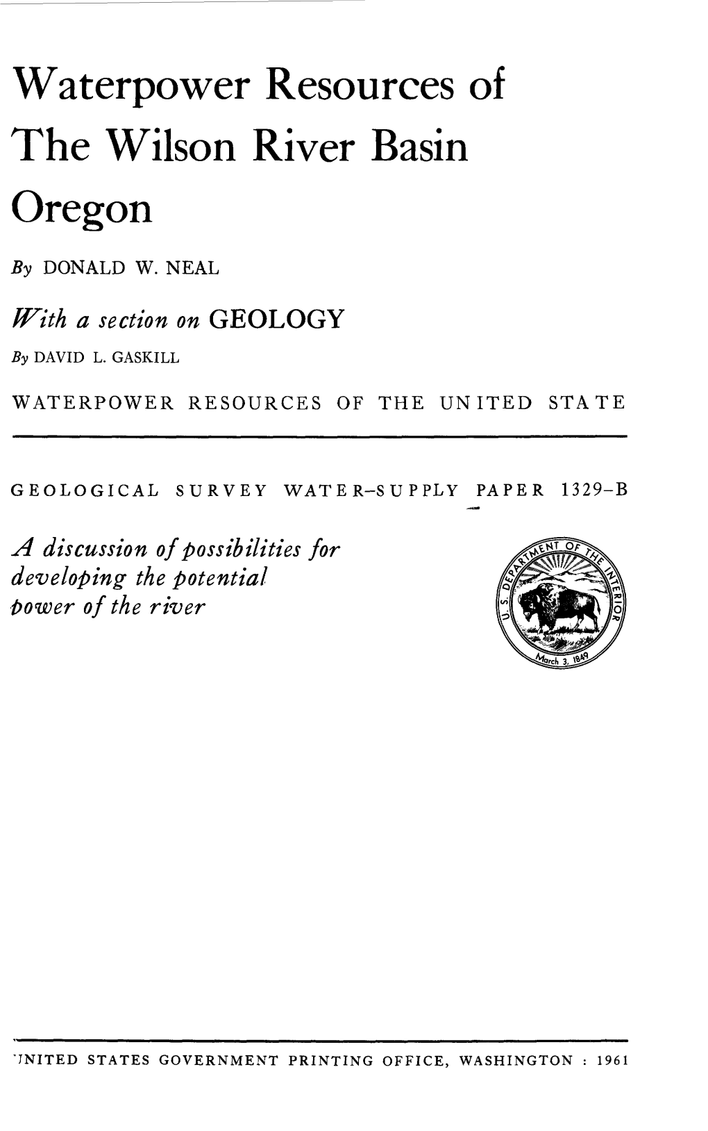 Waterpower Resources of the Wilson River Basin Oregon