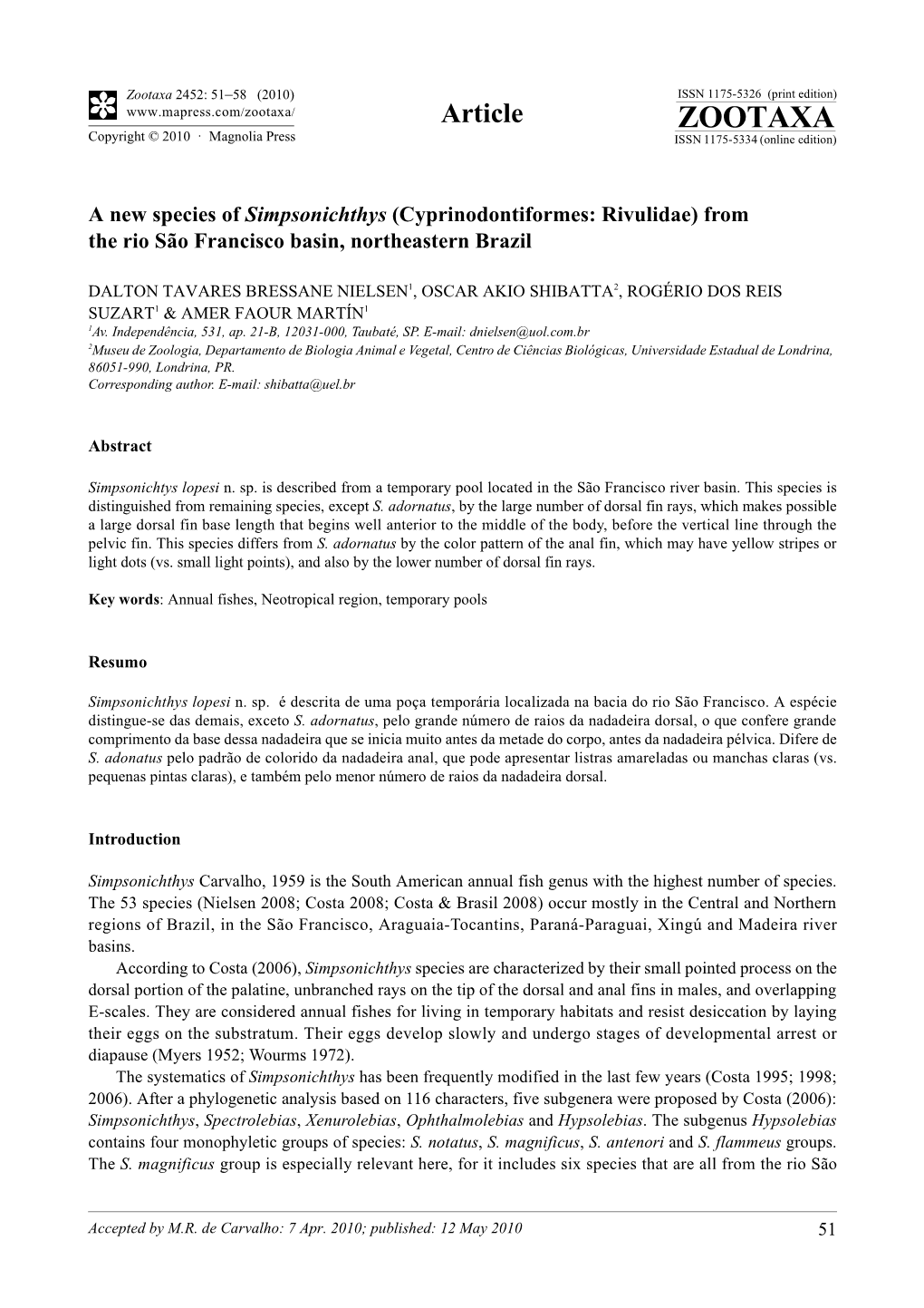 Zootaxa, a New Species of Simpsonichthys (Cyprinodontiformes: Rivulidae)