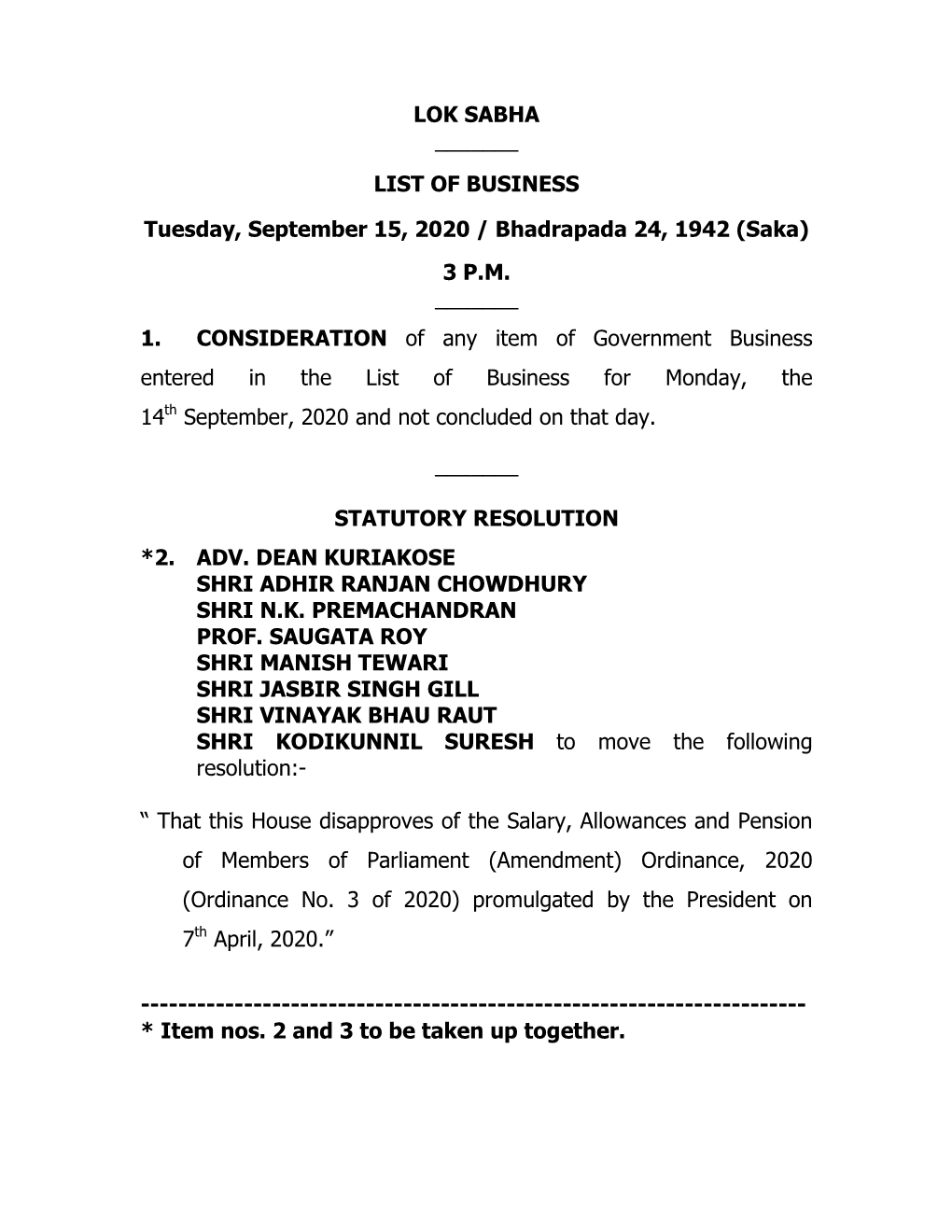 LOK SABHA ___LIST of BUSINESS Tuesday, September 15