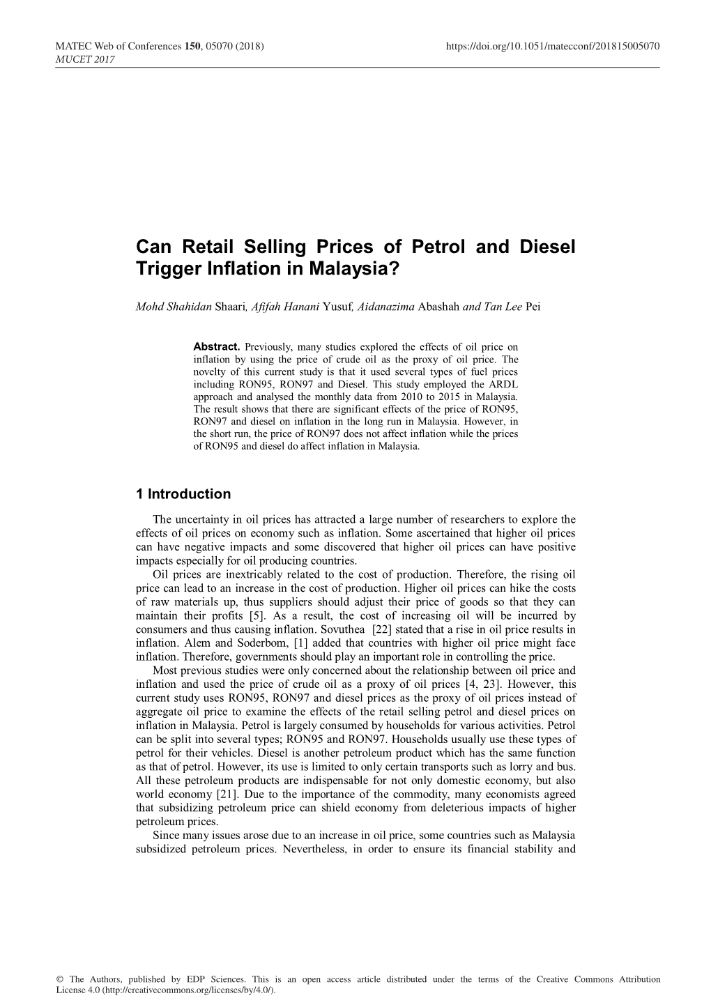 Can Retail Selling Prices of Petrol and Diesel Trigger Inflation in Malaysia?