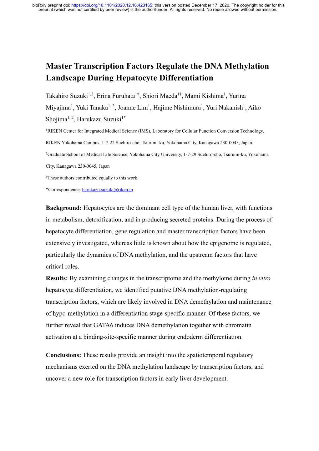 Master Transcription Factors Regulate the DNA Methylation Landscape During Hepatocyte Differentiation