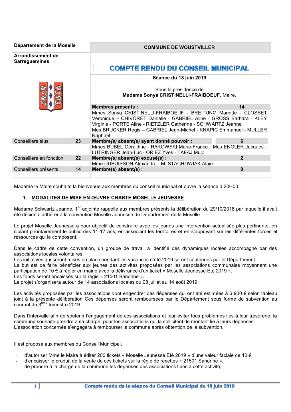 Département De La Moselle COMMUNE DE WOUSTVILLER Arrondissement De Sarreguemines