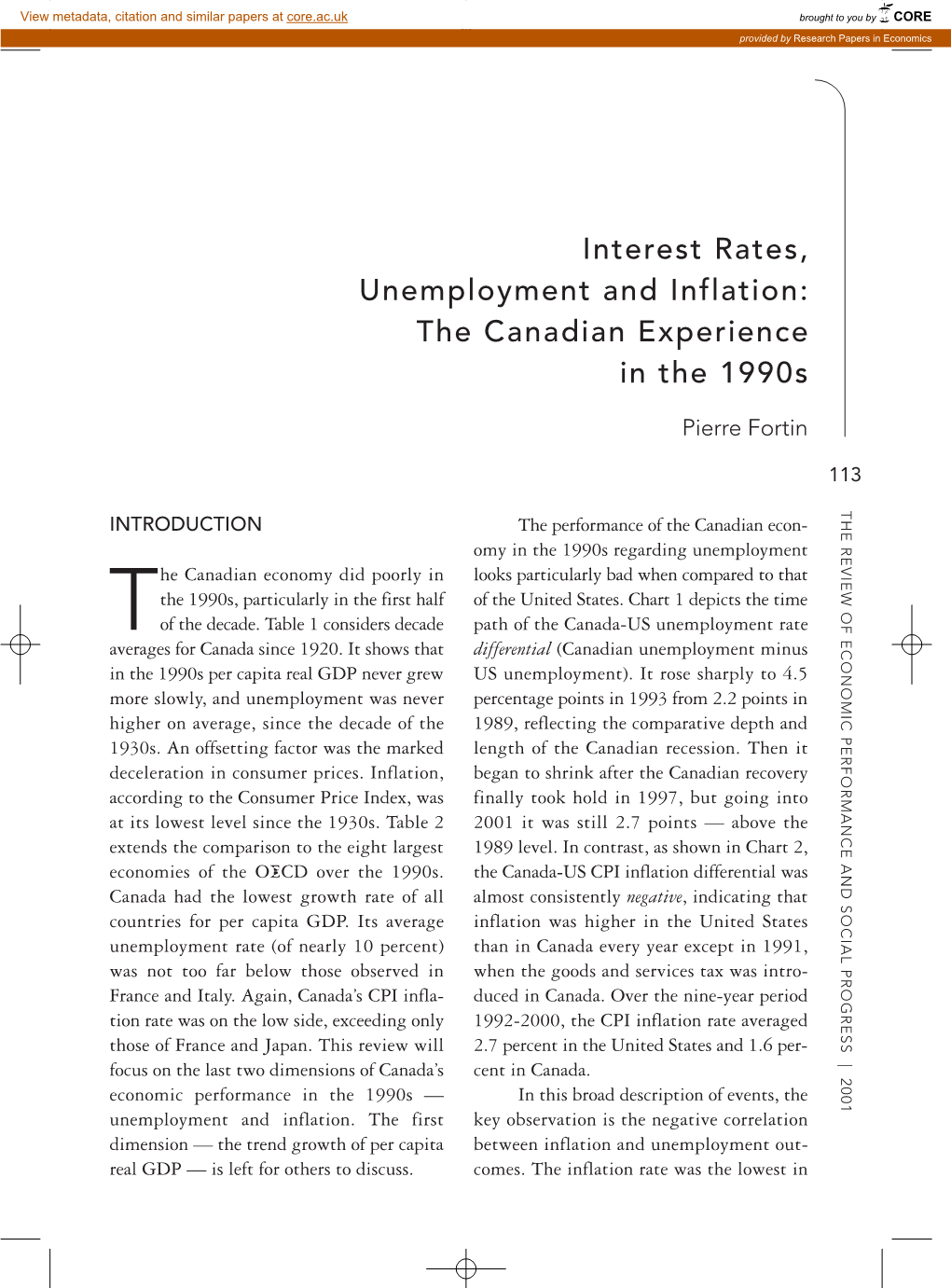 Interest Rates, Unemployment and Inflation: the Canadian Experience in the 1990S