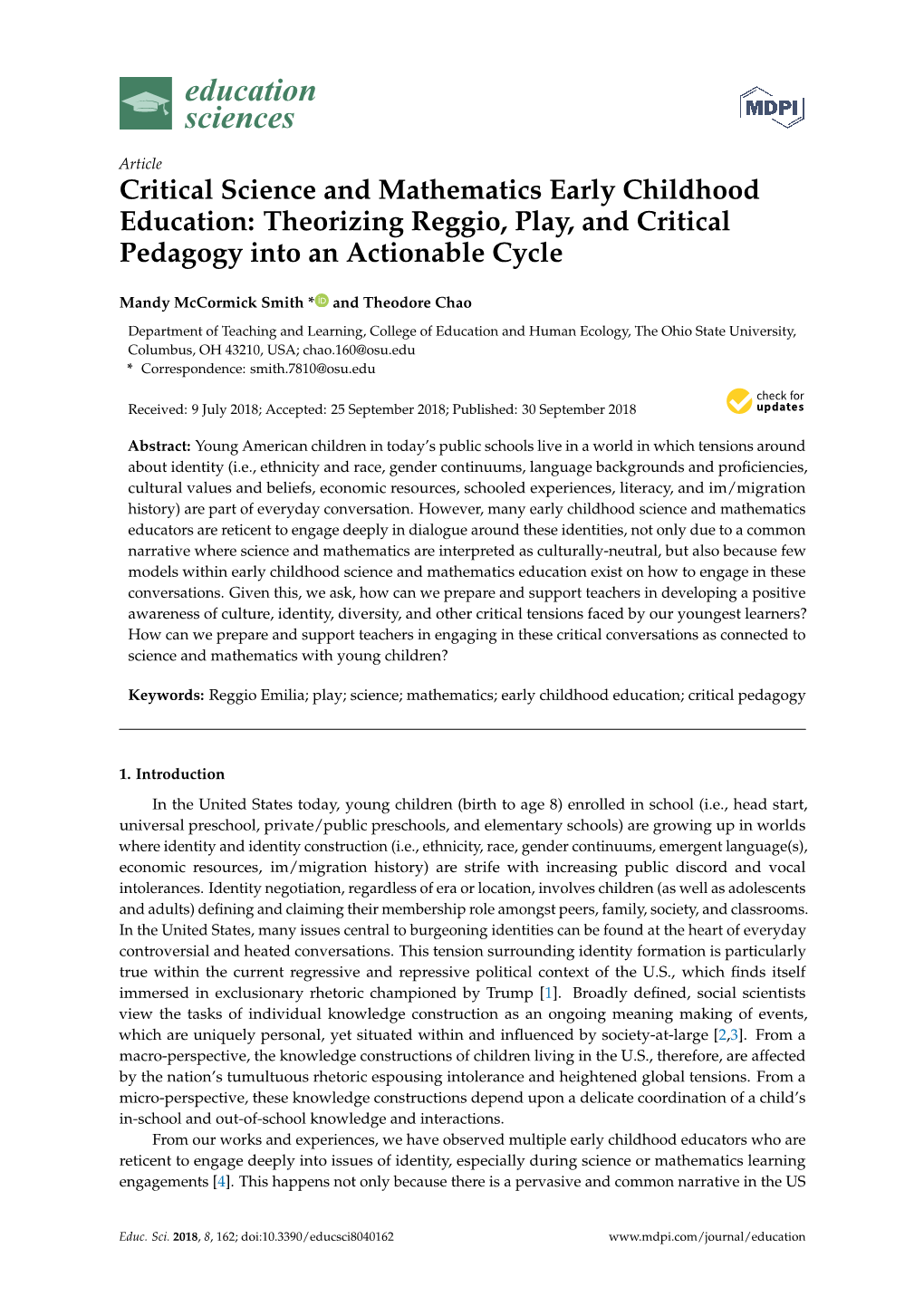 Critical Science and Mathematics Early Childhood Education: Theorizing Reggio, Play, and Critical Pedagogy Into an Actionable Cycle