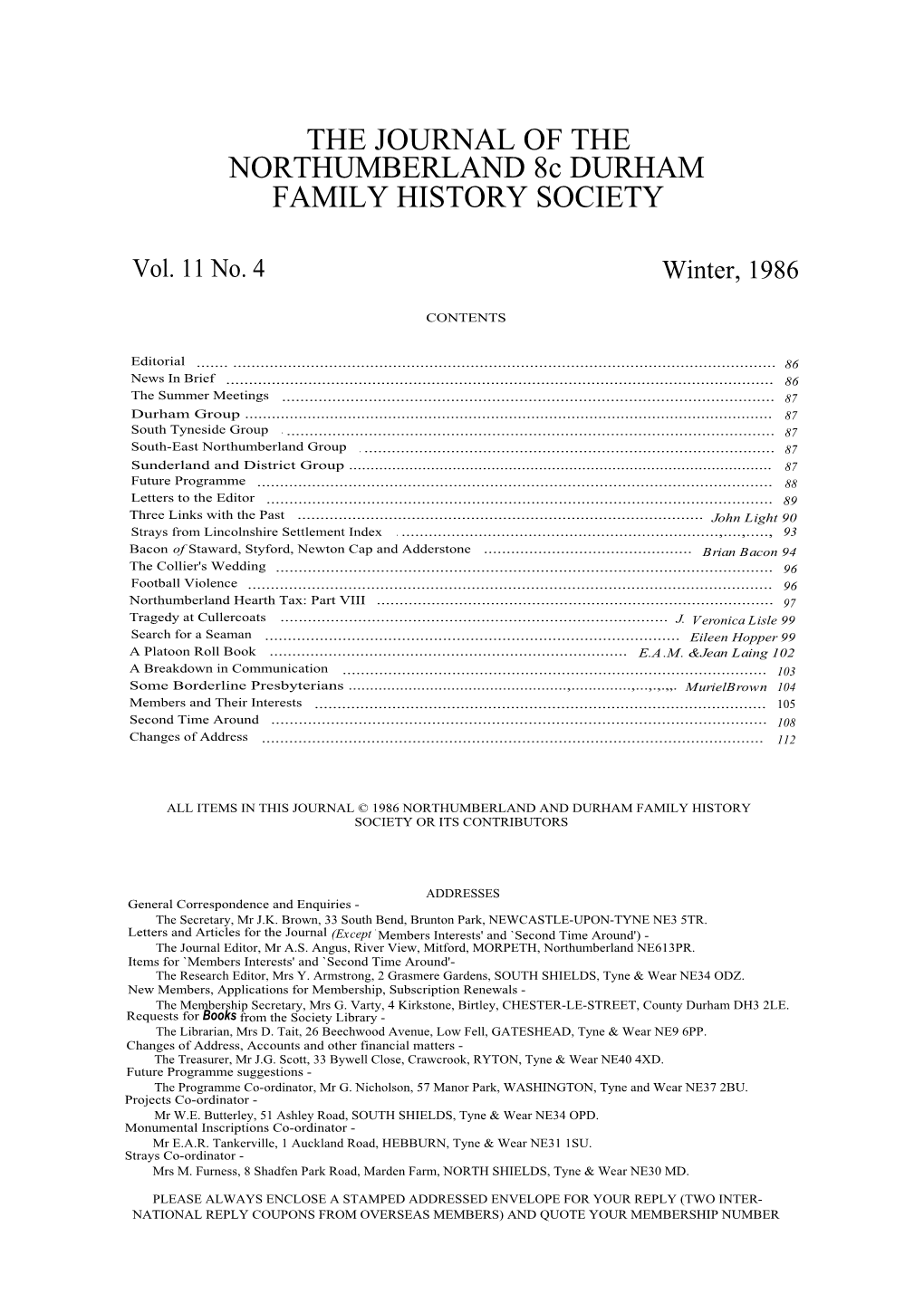 THE JOURNAL of the NORTHUMBERLAND 8C DURHAM FAMILY HISTORY SOCIETY