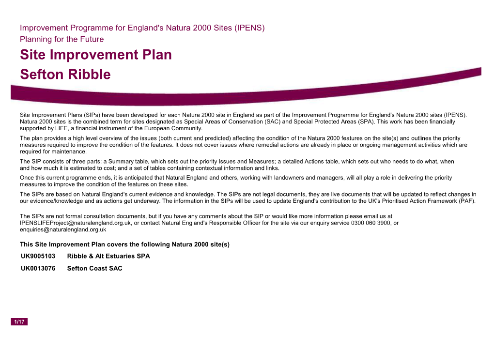 Site Improvement Plan Sefton Ribble