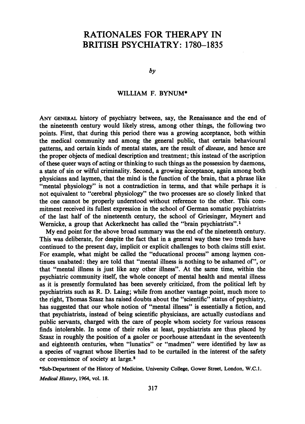 Rationales for Therapy in British Psychiatry: 1780-1835