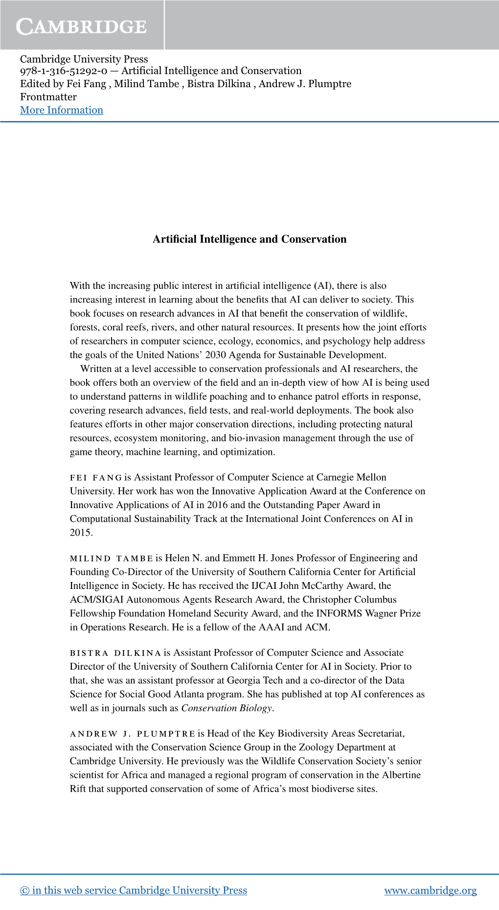 Artificial Intelligence and Conservation Edited by Fei Fang , Milind Tambe , Bistra Dilkina , Andrew J