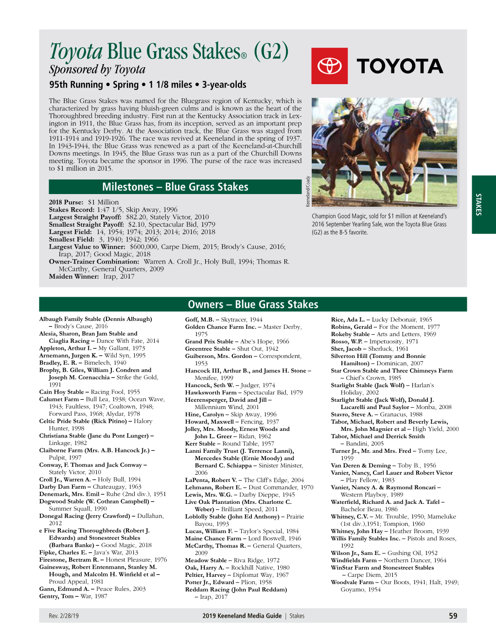 Toyota Blue Grass Stakes® (G2) Sponsored by Toyota 95Th Running • Spring • 1 1/8 Miles • 3-Year-Olds