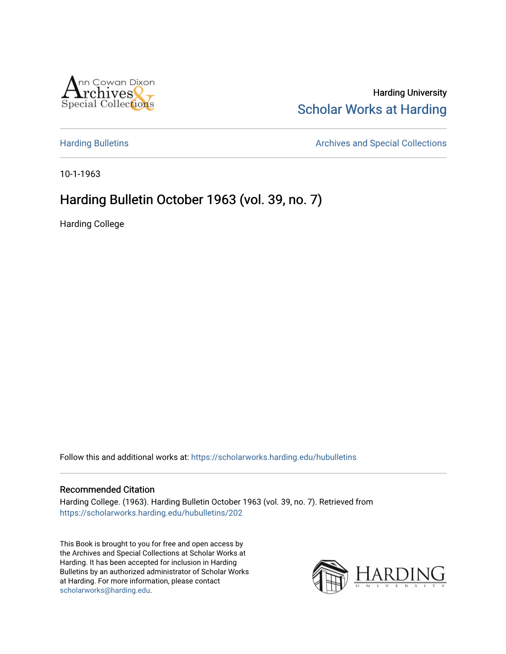 Harding Bulletin October 1963 (Vol. 39, No. 7)