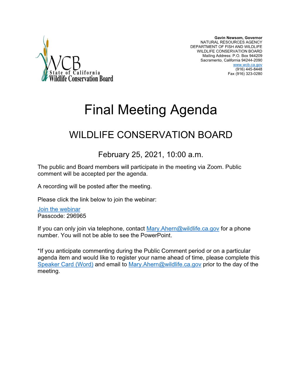 Final Agenda for February 2021 WCB Board Meeting