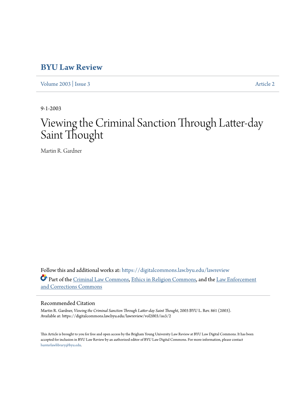 Viewing the Criminal Sanction Through Latter-Day Saint Thought Martin R