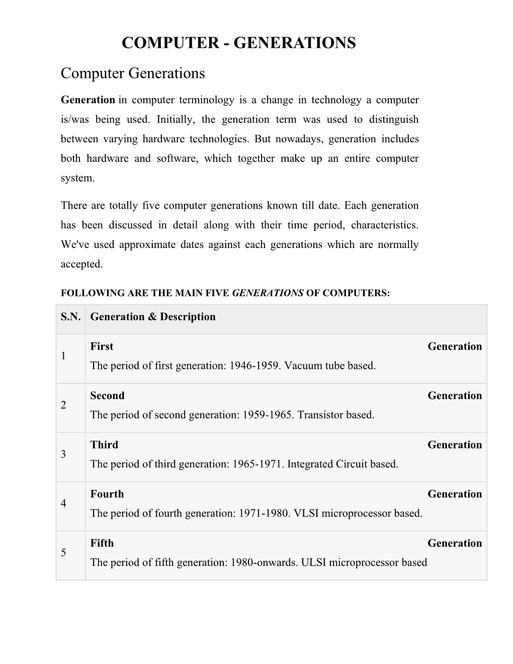 COMPUTER - GENERATIONS Computer Generations