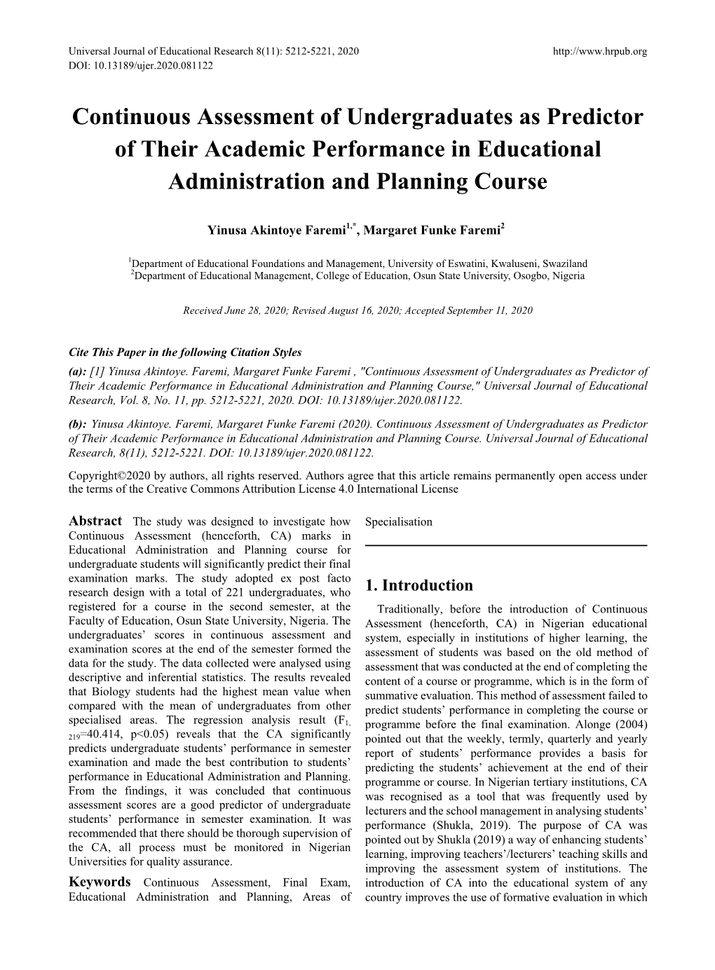 Continuous Assessment of Undergraduates As Predictor of Their Academic Performance in Educational Administration and Planning Course